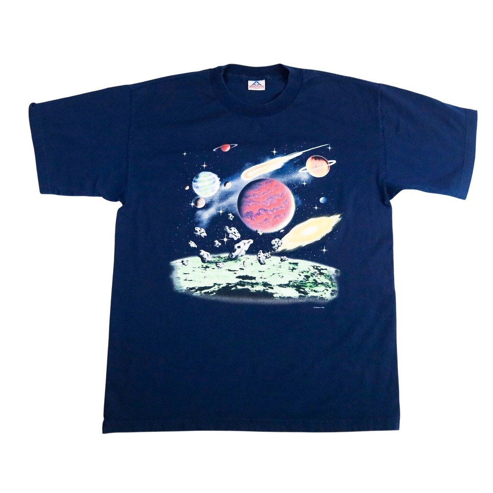 Vintage 90s Human-I-Tees Alstyle Galaxy T-Shirt L Navy Glow In The Dark Space